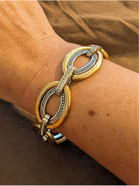 Brighton Alta #2498 Two Tone Link Bracelet Gold Silver Crystal Retired 8.5"
